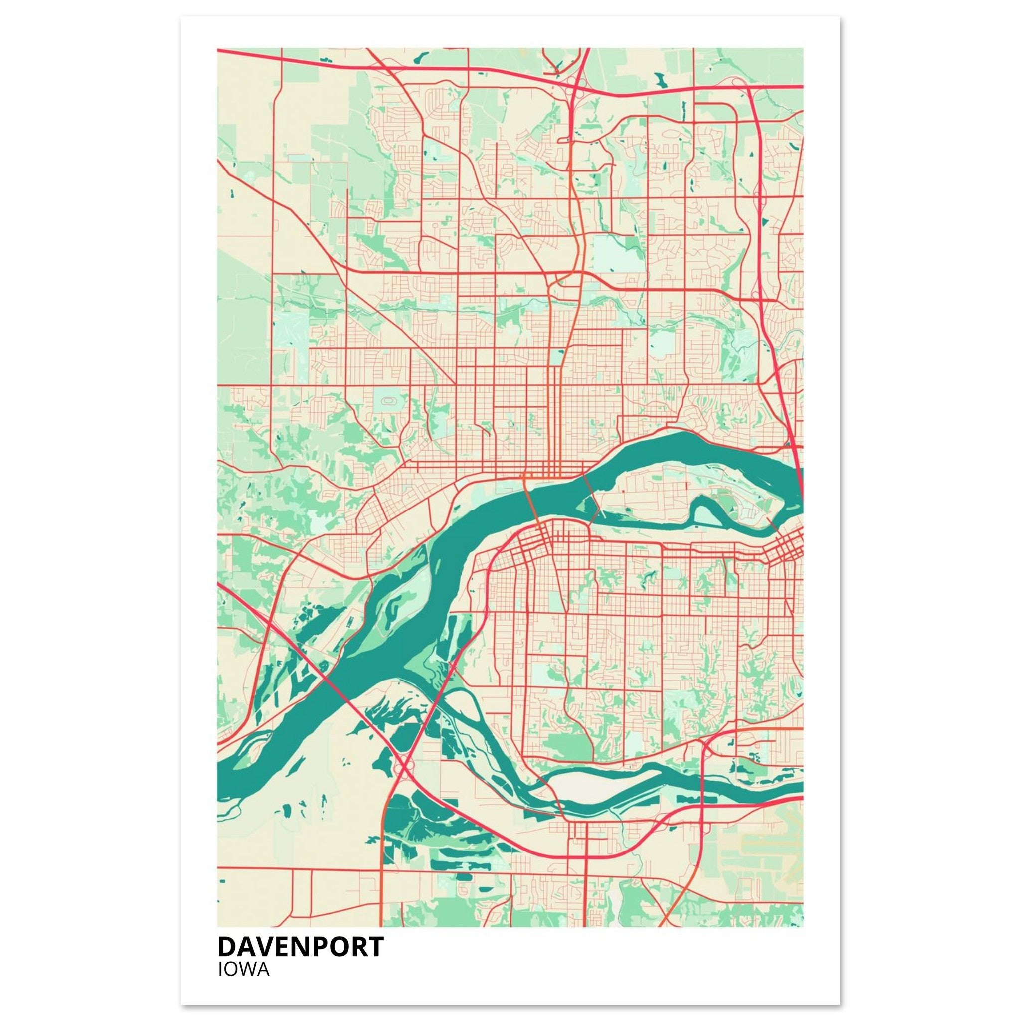 Davenport Iowa City Map Poster | Custom Map Art Print - Ink And Atlas