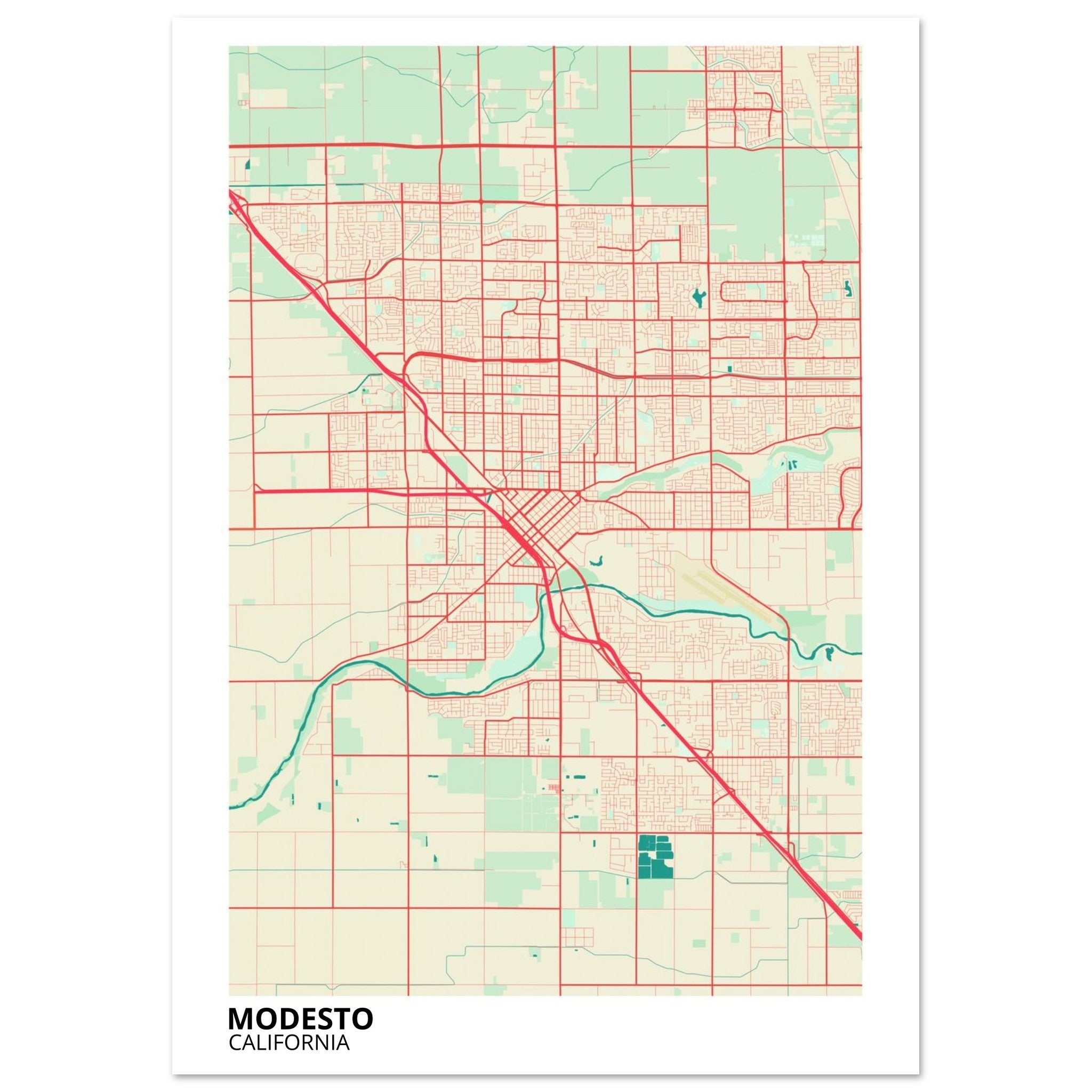 Modesto California City Map Poster | Custom Map Art Print - Ink And Atlas
