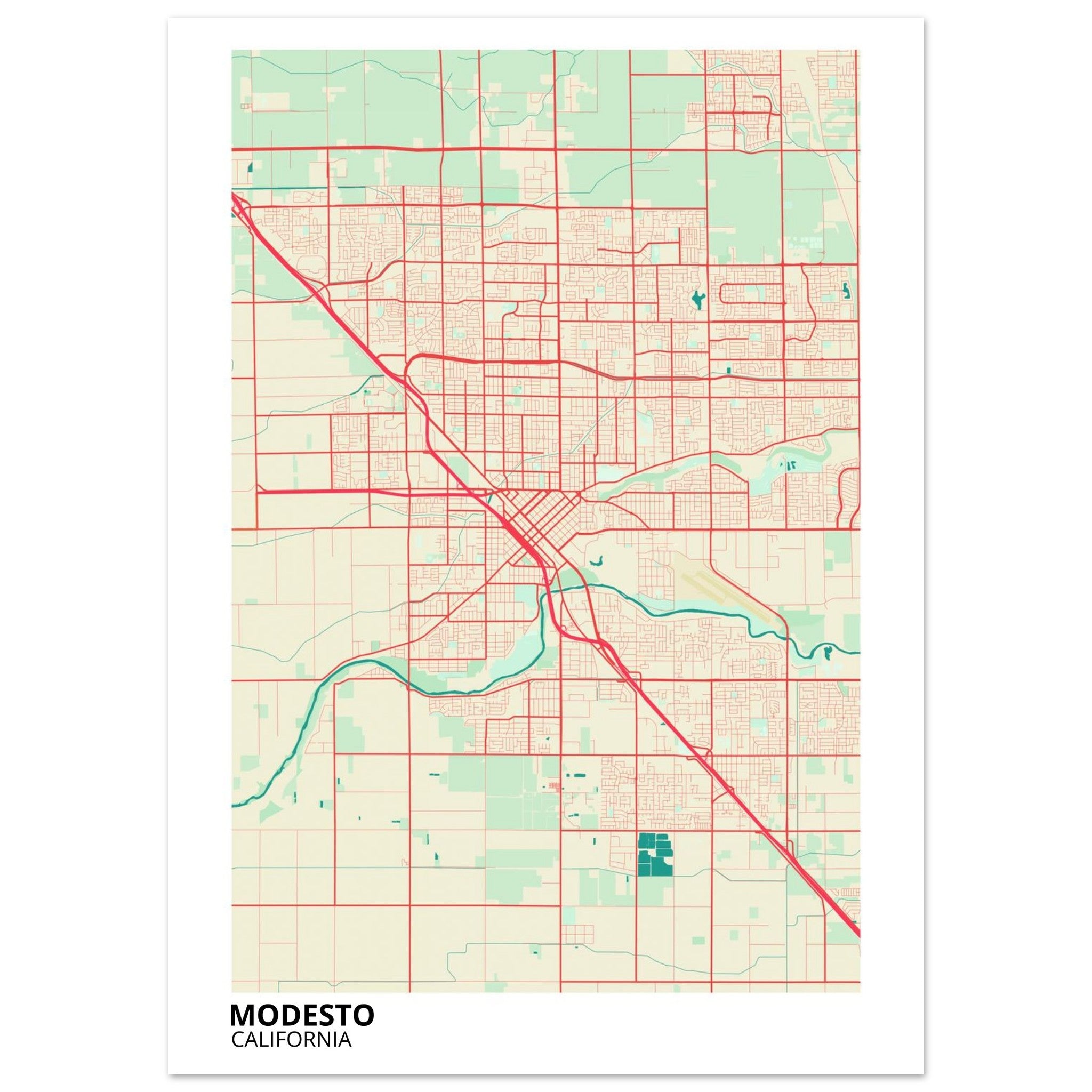 Modesto California City Map Poster | Custom Map Art Print - Ink And Atlas