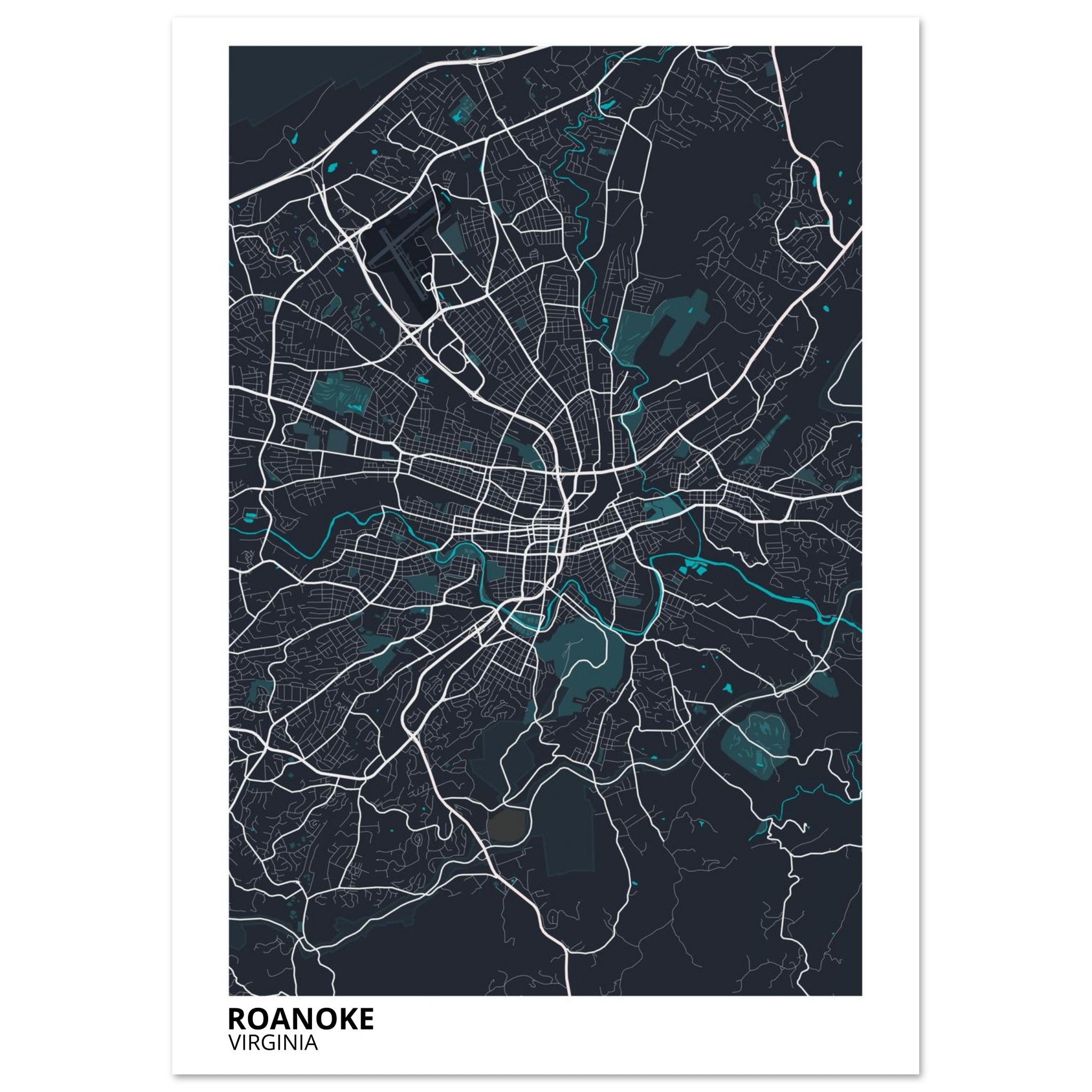 Roanoke Virginia City Map Poster | Custom Map Art Print - Ink And Atlas