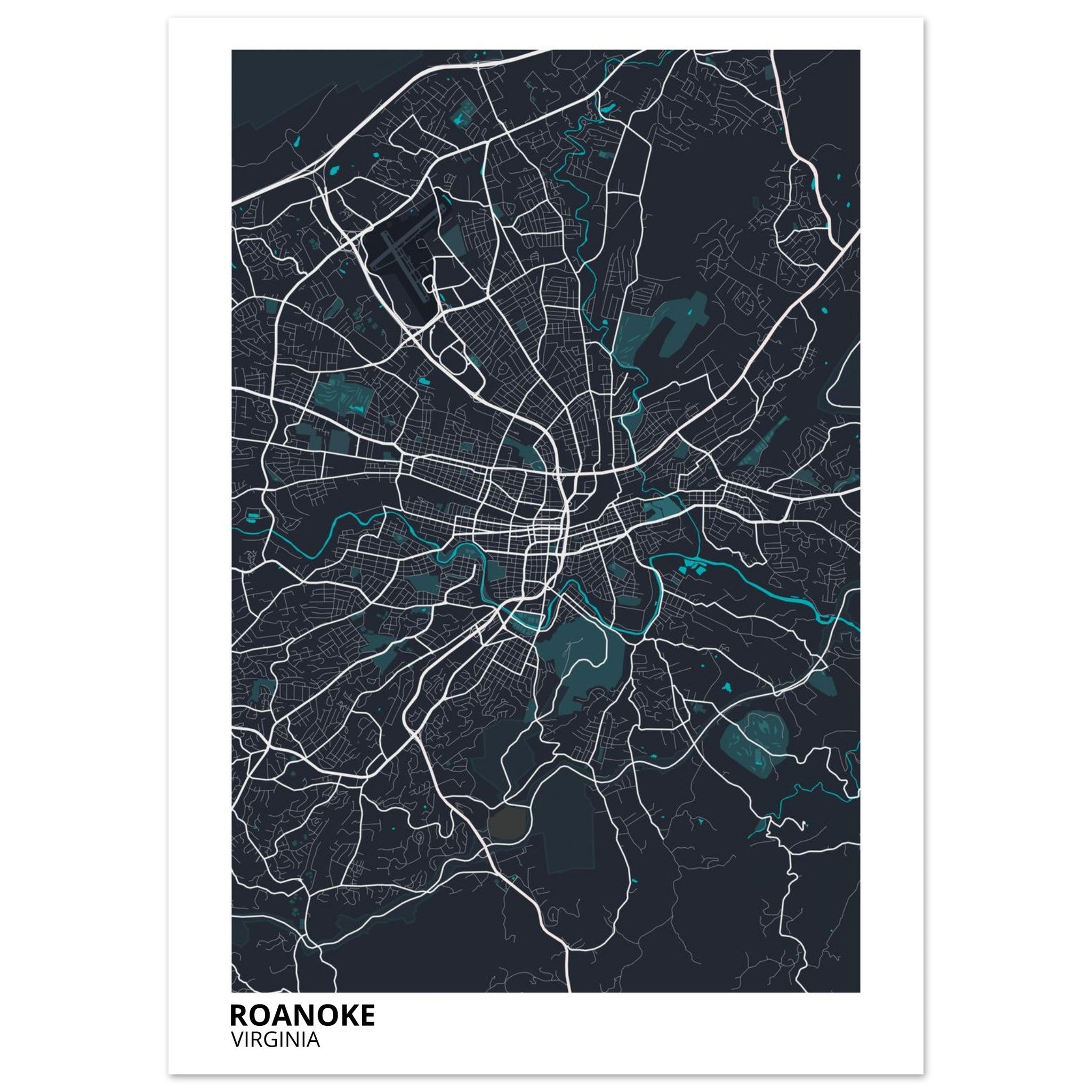 Roanoke Virginia City Map Poster | Custom Map Art Print - Ink And Atlas