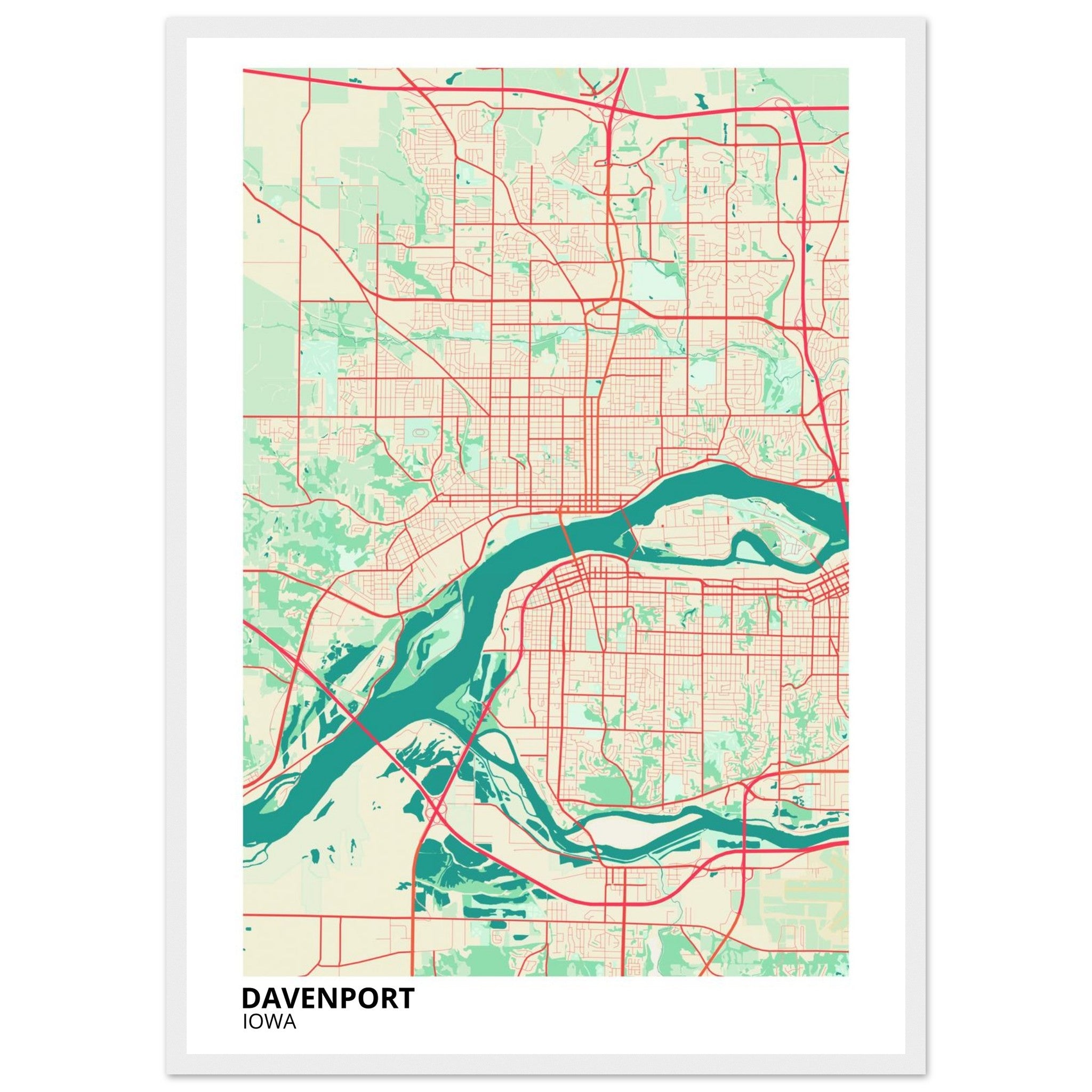 Davenport Iowa City Map Poster | Custom Map Art Print - Ink And Atlas
