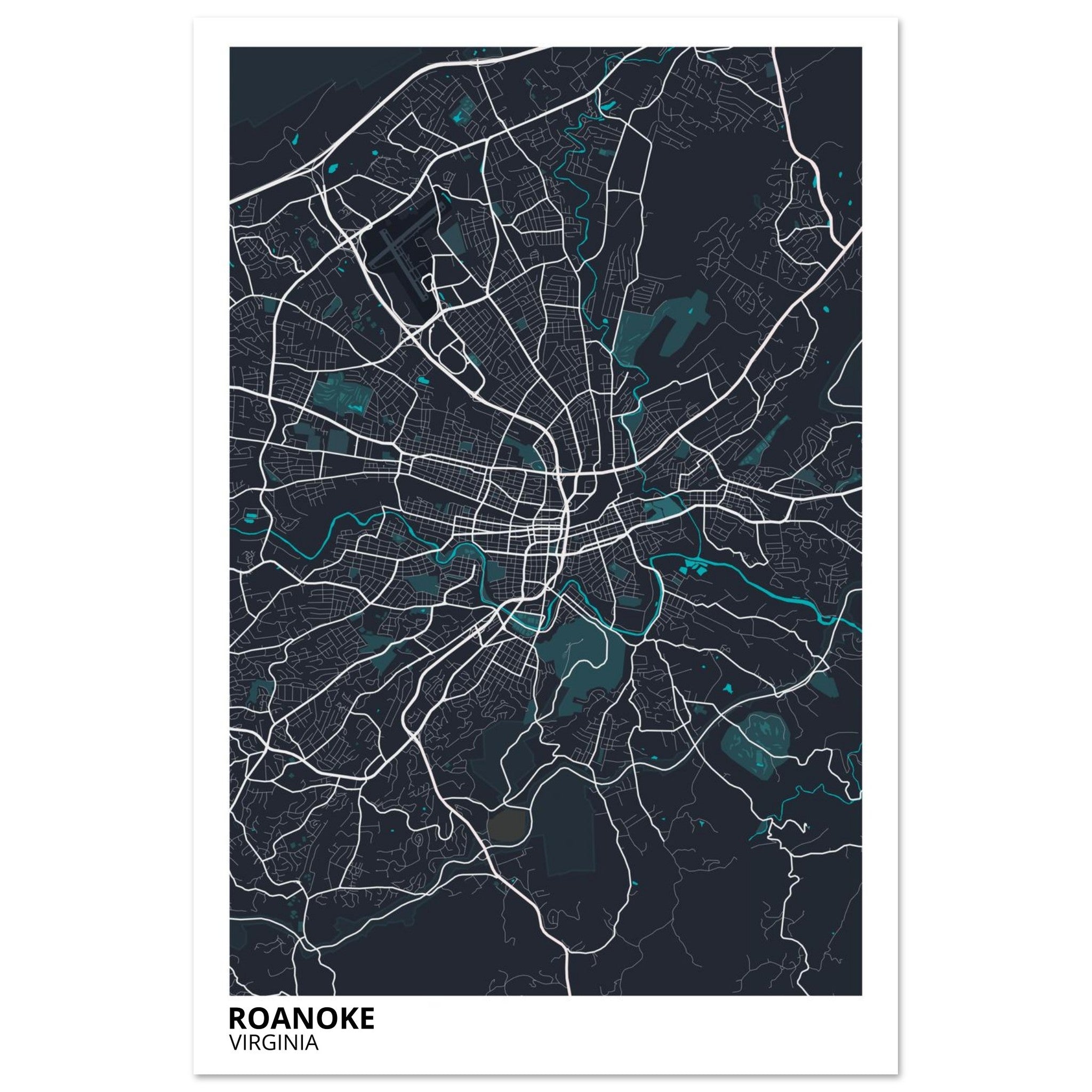 Roanoke Virginia City Map Poster | Custom Map Art Print - Ink And Atlas