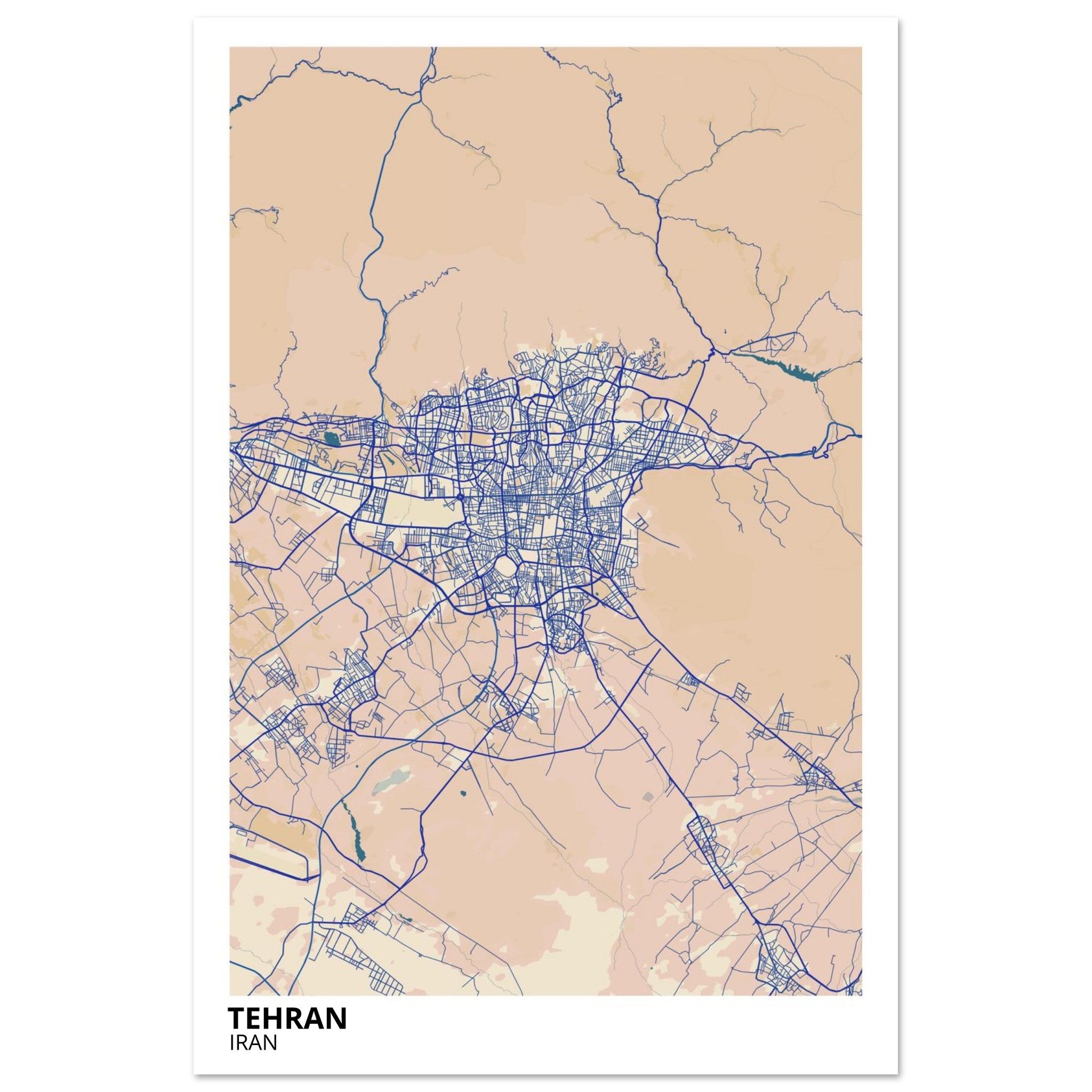 tehran iran map poster print