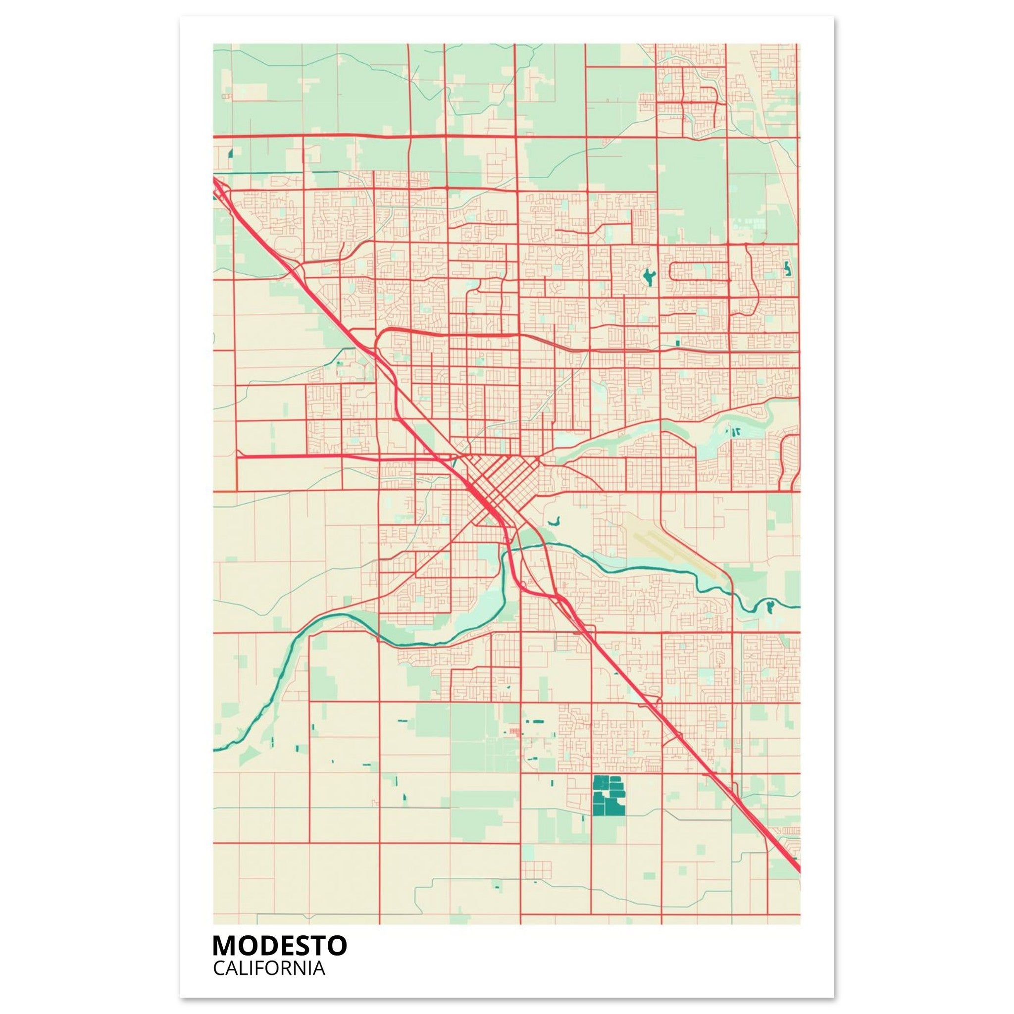 Modesto California City Map Poster | Custom Map Art Print - Ink And Atlas