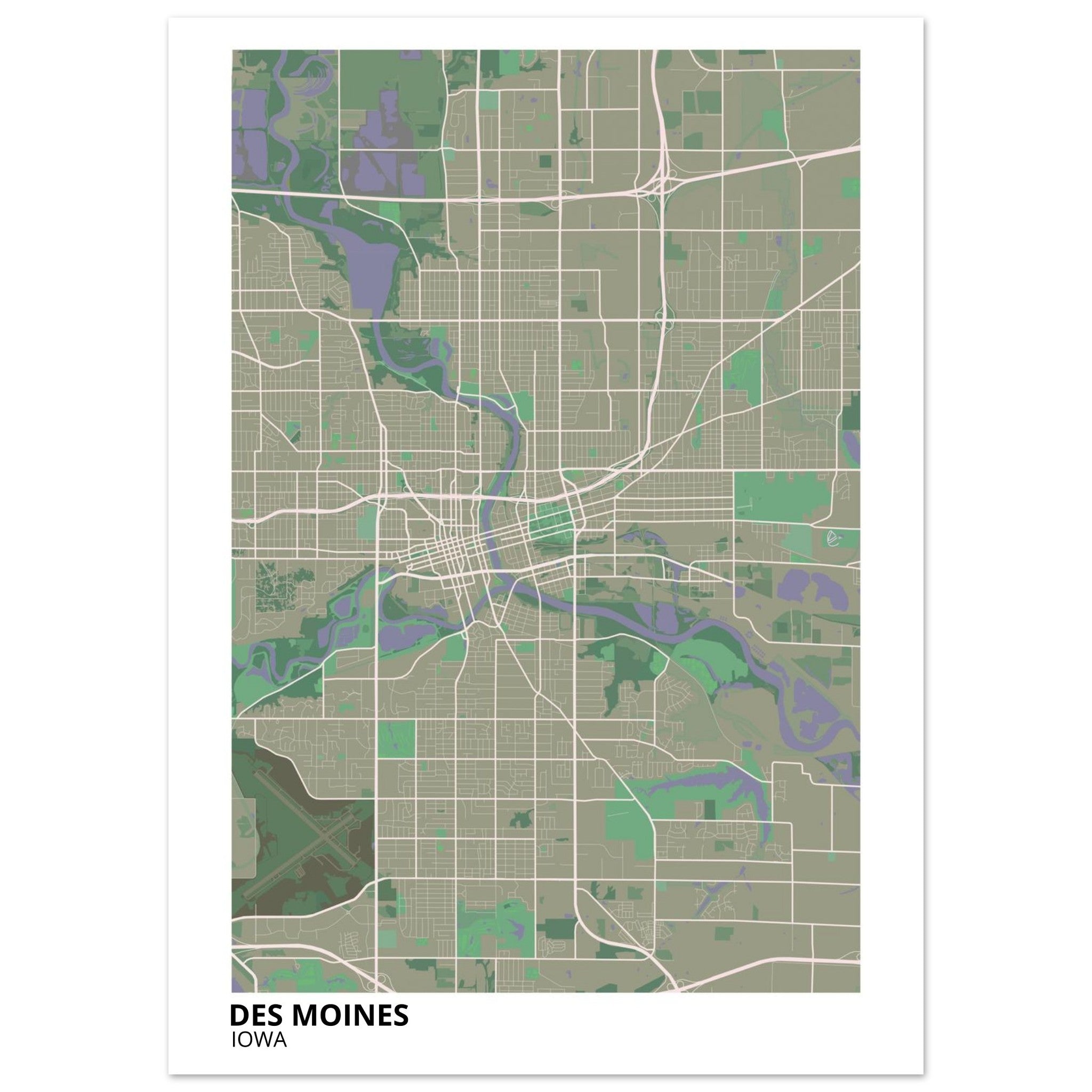 des moines map poster print