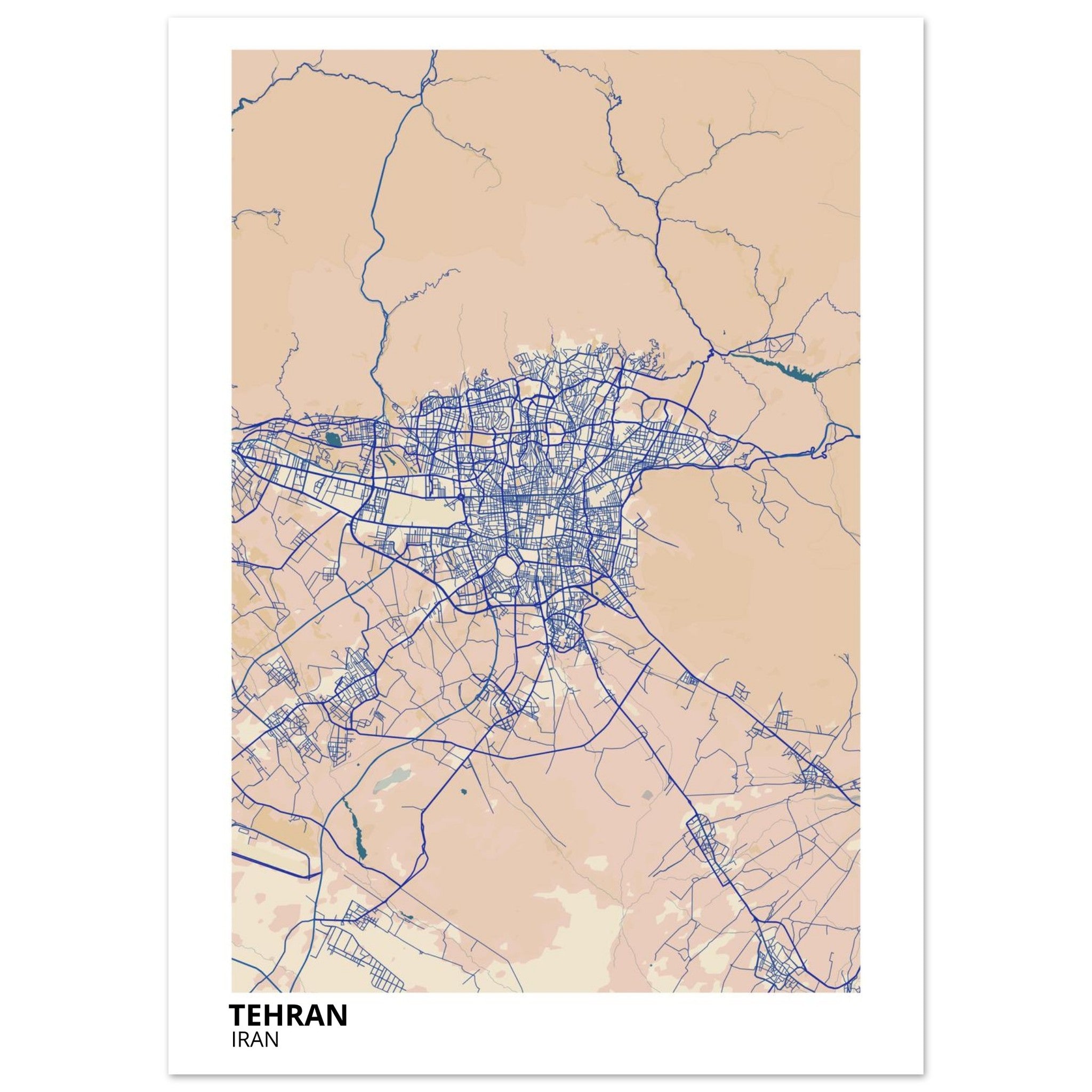 tehran iran map poster print