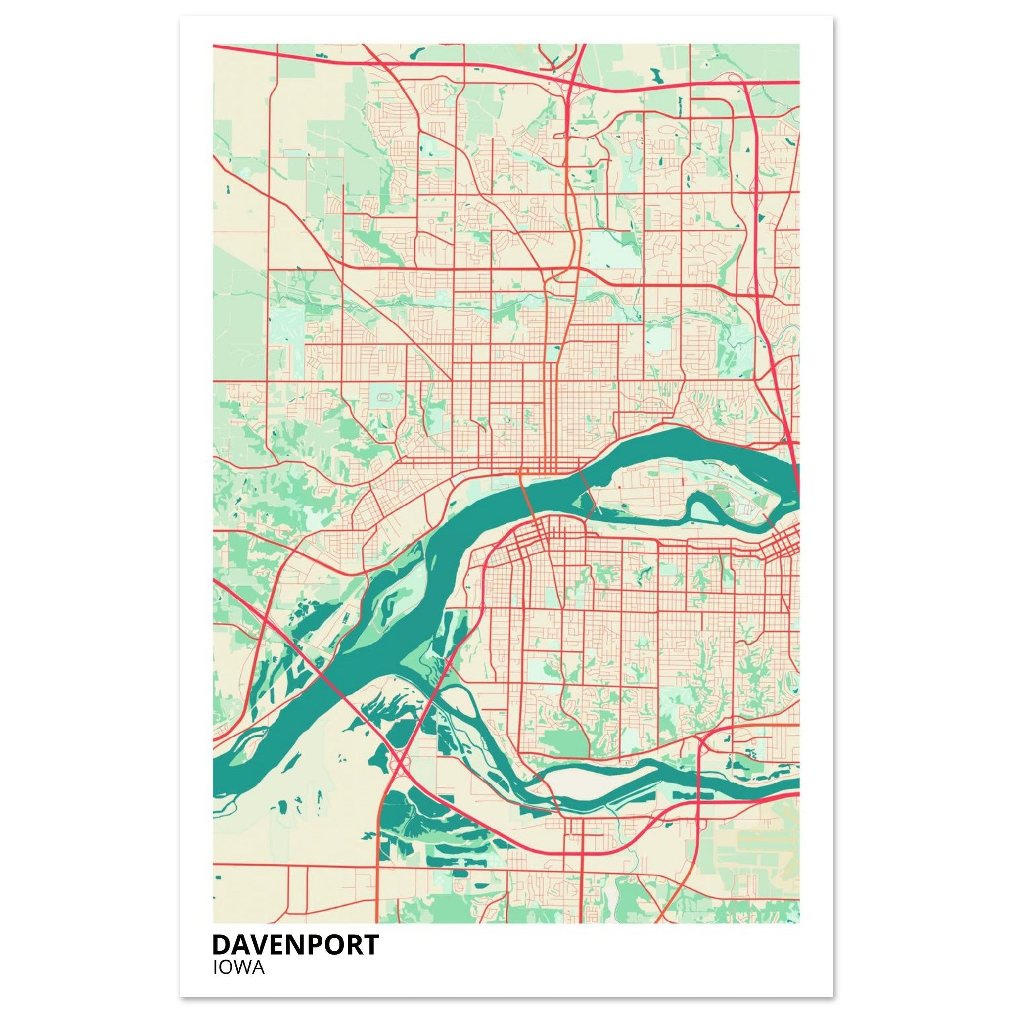 Davenport Iowa City Map Poster | Custom Map Art Print - Ink And Atlas