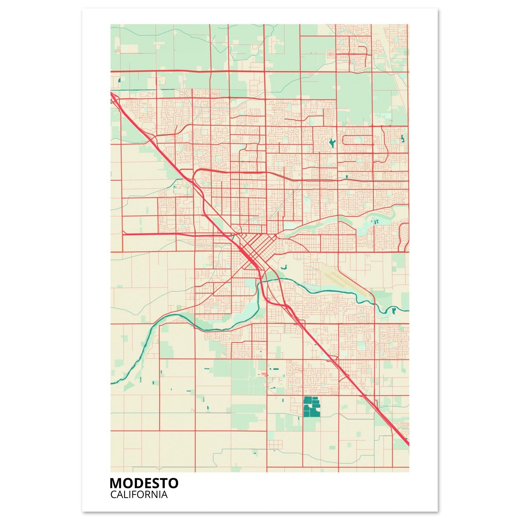 Modesto California City Map Poster | Custom Map Art Print - Ink And Atlas