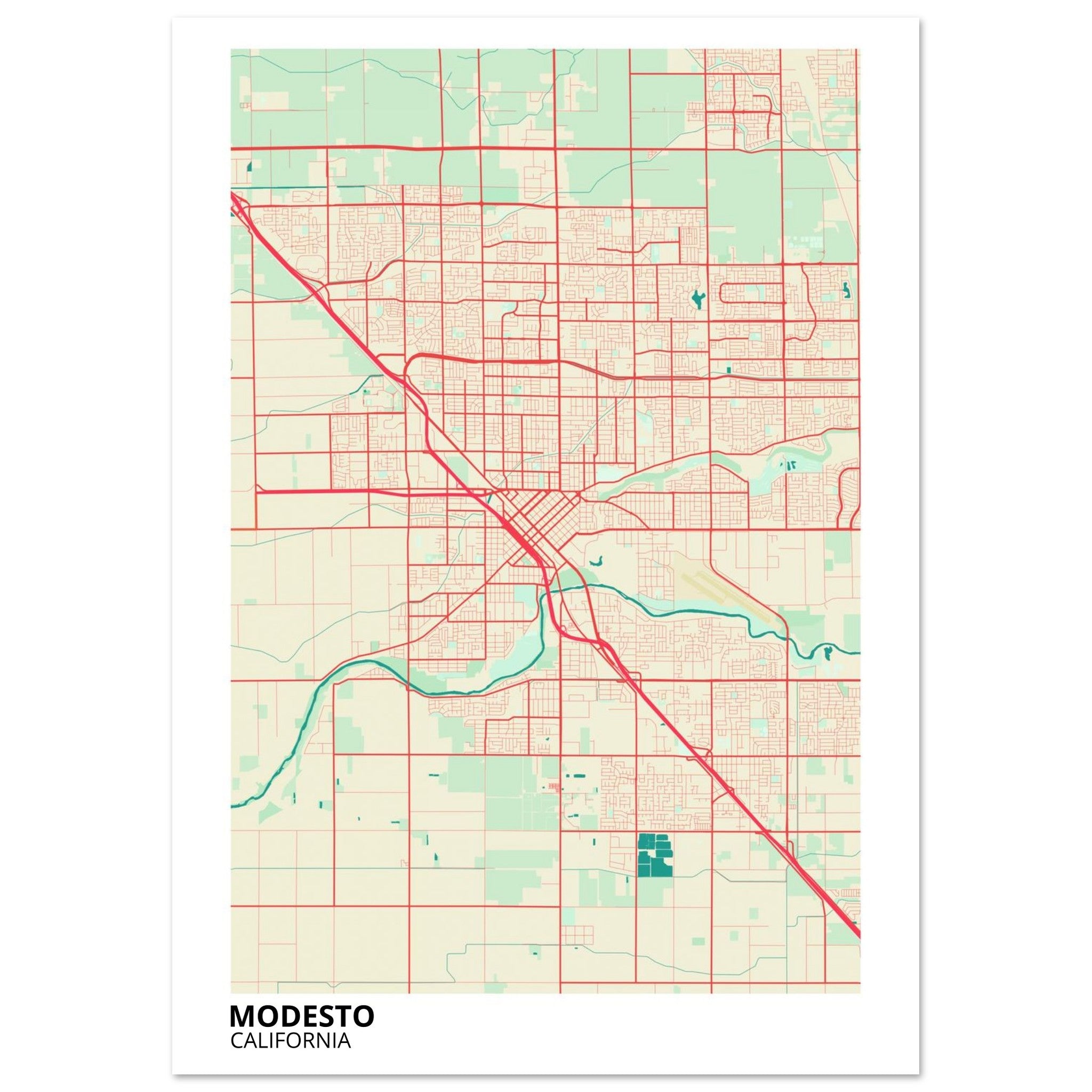 Modesto California City Map Poster | Custom Map Art Print - Ink And Atlas