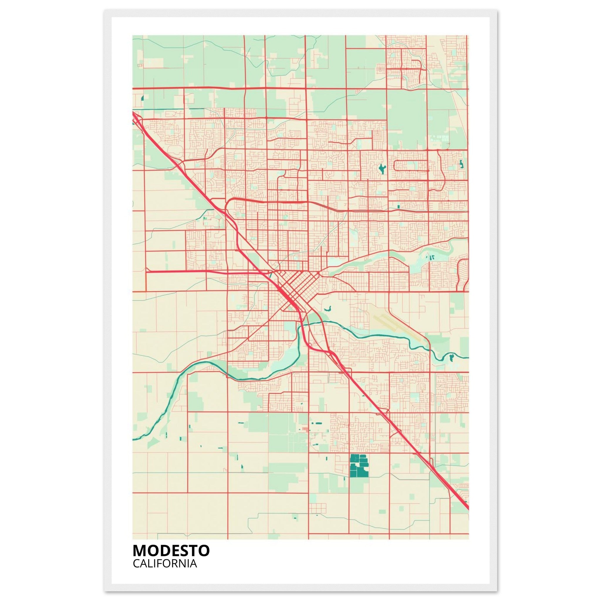 Modesto California City Map Poster | Custom Map Art Print - Ink And Atlas