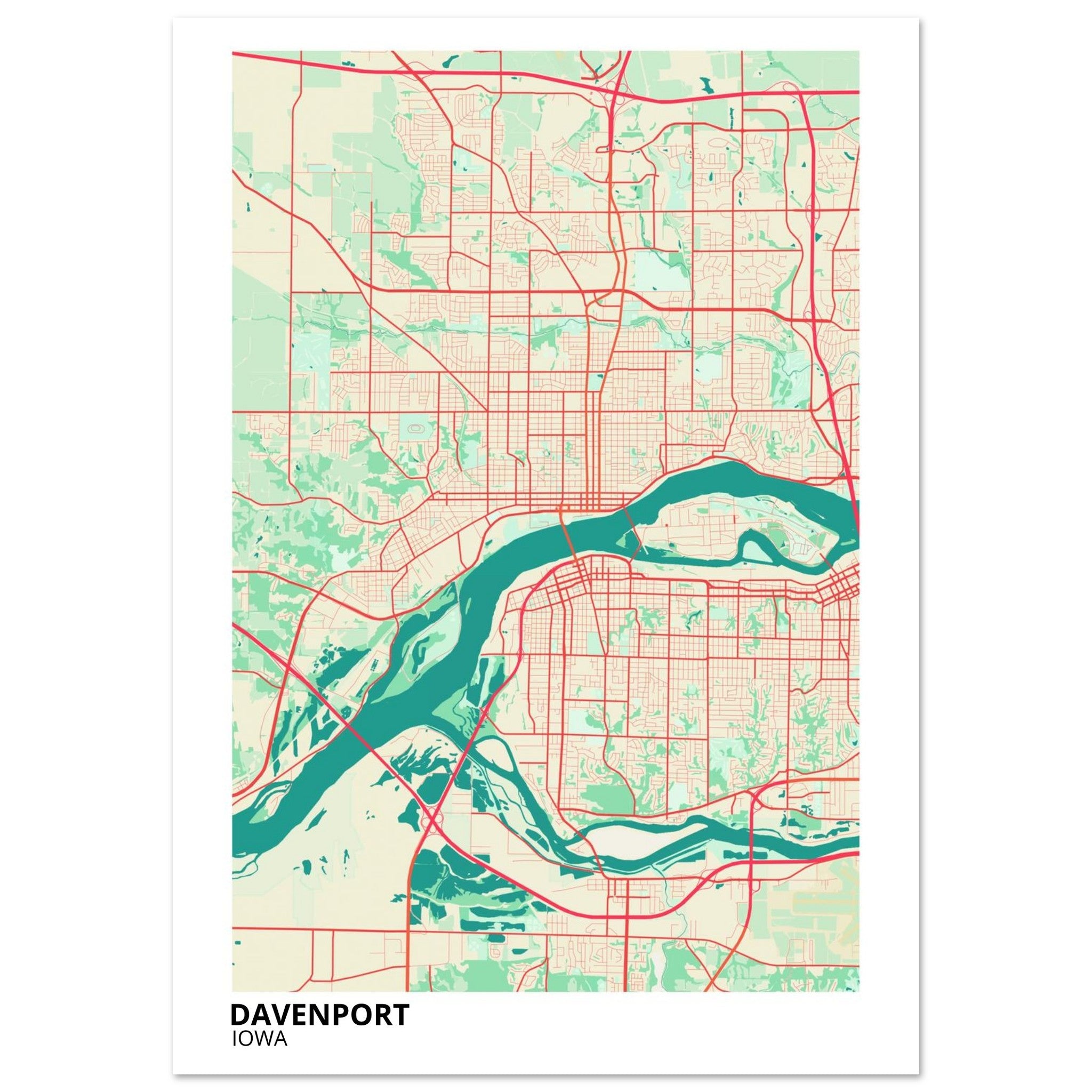 Davenport Iowa City Map Poster | Custom Map Art Print - Ink And Atlas
